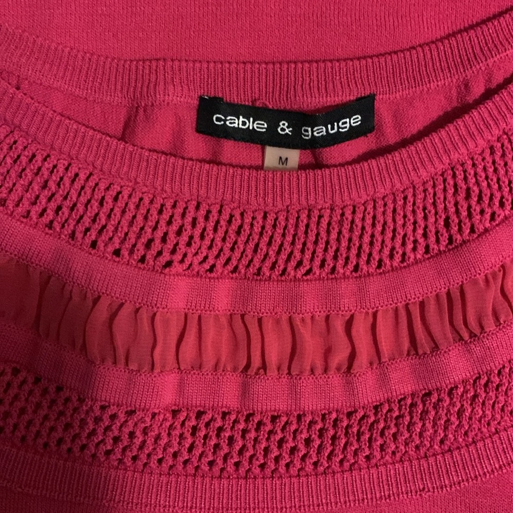 Vibrant Pink Cable & Gauge Knit Shell - Mesh & Ruffle Accent - Medium